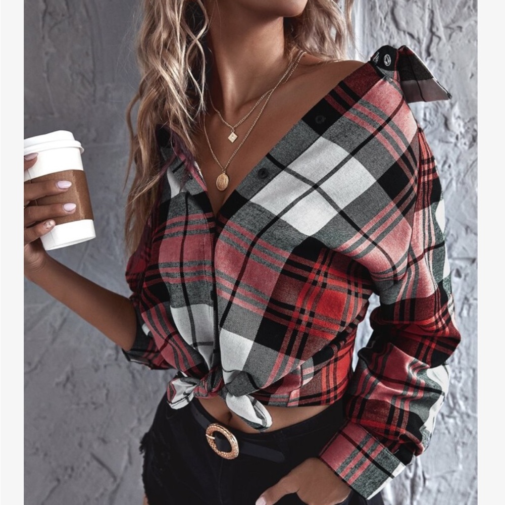Elegant Plaid Check Button Up Boyfriend Shirt Top Blouse - Picture 16 of 17